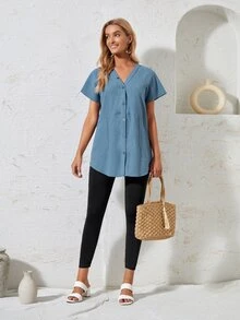 EMERY ROSE Áo sơ mi nữ Túi Nút phía trước màu trơn Giải trí - Màu xanh bụi bặm - Xem 4