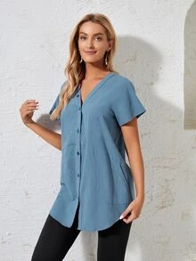 EMERY ROSE Áo sơ mi nữ Túi Nút phía trước màu trơn Giải trí - Màu xanh bụi bặm - Xem 5