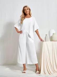 EMERY ROSE 前圍裹T恤和長褲套裝 - 白色 - 查看 1