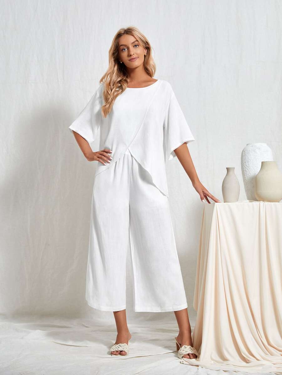 EMERY ROSE 前圍裹T恤和長褲套裝 - 白色 - 查看 1