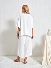 EMERY ROSE 前圍裹T恤和長褲套裝 - 白色 - 查看 2