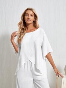 EMERY ROSE 前圍裹T恤和長褲套裝 - 白色 - 查看 3