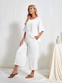 EMERY ROSE 前圍裹T恤和長褲套裝 - 白色 - 查看 4