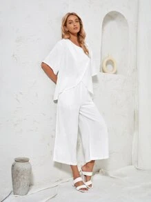 EMERY ROSE 前圍裹T恤和長褲套裝 - 白色 - 查看 6