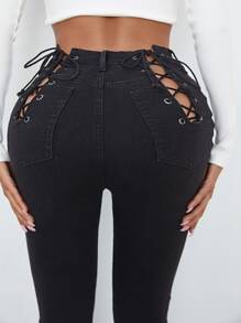SHEIN High Waisted Lace Up Back Jeans - Black - View 3