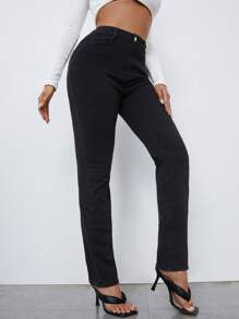 SHEIN High Waisted Lace Up Back Jeans - Black - View 4