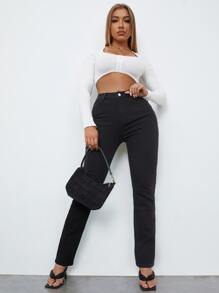 SHEIN High Waisted Lace Up Back Jeans - Black - View 5