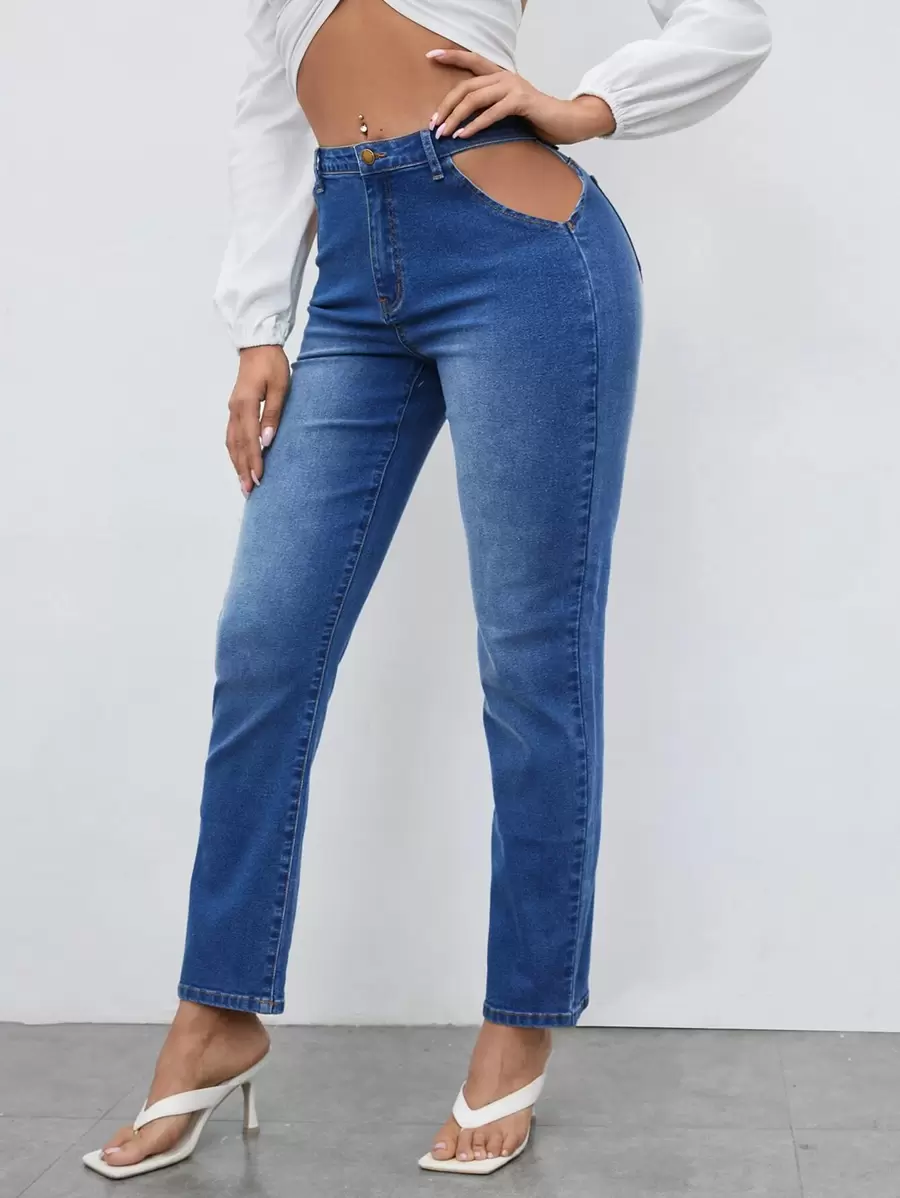 SHEIN Bleach Wash Cut-out Mom Jeans - Medium Wash - View 1