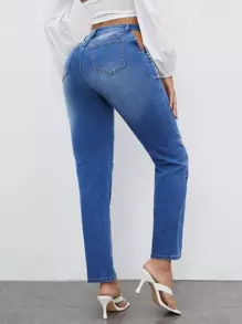 SHEIN Bleach Wash Cut-out Mom Jeans - Medium Wash - View 2