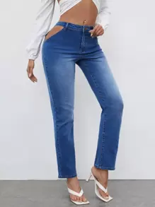 SHEIN Bleach Wash Cut-out Mom Jeans - Medium Wash - View 3
