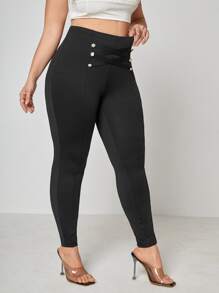 大碼交叉假鈕扣接縫細節緊身打底褲 - 黑色 - 查看 1