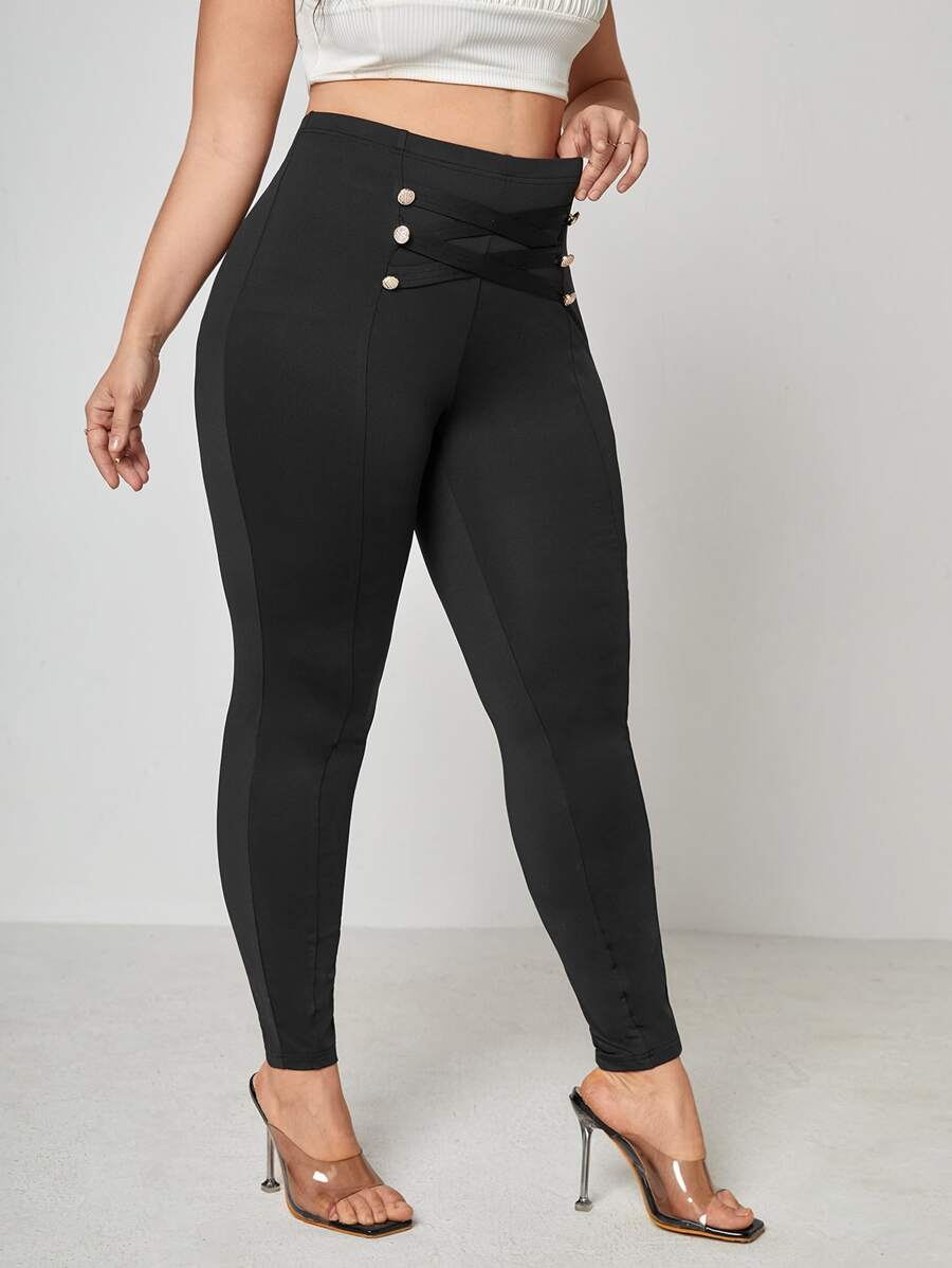 大碼交叉假鈕扣接縫細節緊身打底褲 - 黑色 - 查看 1