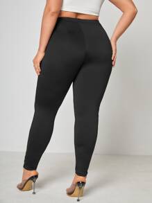 大碼交叉假鈕扣接縫細節緊身打底褲 - 黑色 - 查看 2