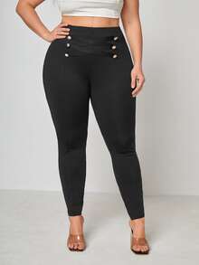 大碼交叉假鈕扣接縫細節緊身打底褲 - 黑色 - 查看 3