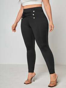 大碼交叉假鈕扣接縫細節緊身打底褲 - 黑色 - 查看 5