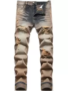 Homme Jean déchiré délavé - Tabac - Voir 1