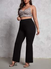 SHEIN Essnce Plus Solid High Waist Flare Leg Trousers - Black - View 3