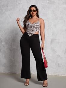 SHEIN Essnce Plus Solid High Waist Flare Leg Trousers - Black - View 4