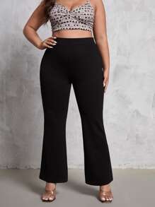 SHEIN Essnce Plus Solid High Waist Flare Leg Trousers - Black - View 5