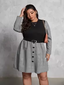 Plus Plaid Print Fake Button Dress Without Belt - Multicolor - View 1