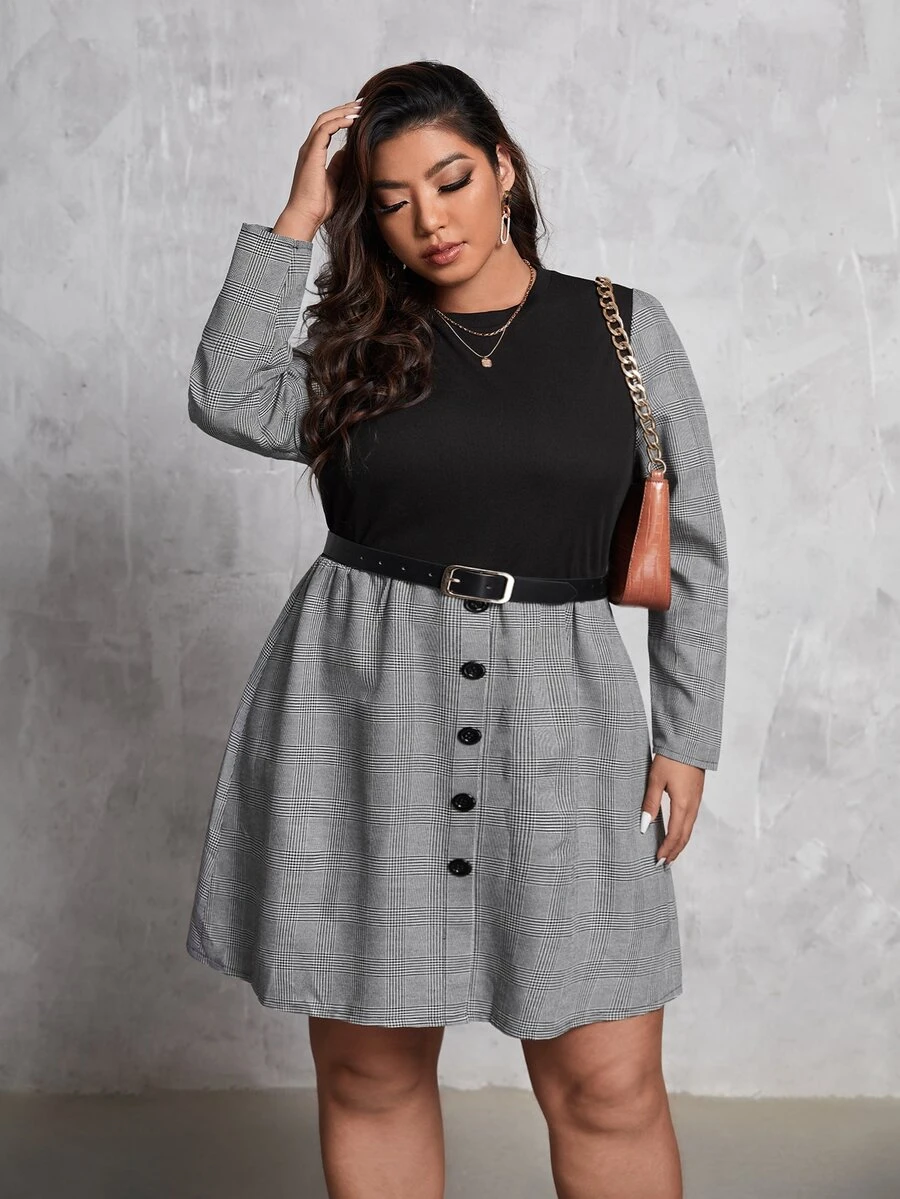 Plus Plaid Print Fake Button Dress Without Belt - Multicolor - View 1