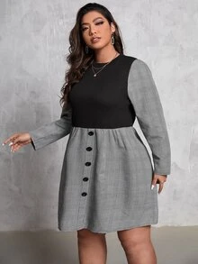 Plus Plaid Print Fake Button Dress Without Belt - Multicolor - View 3