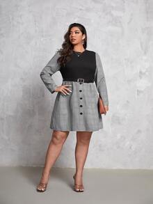 Plus Plaid Print Fake Button Dress Without Belt - Multicolor - View 4