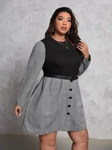 Plus Plaid Print Fake Button Dress Without Belt - Multicolor - View 5