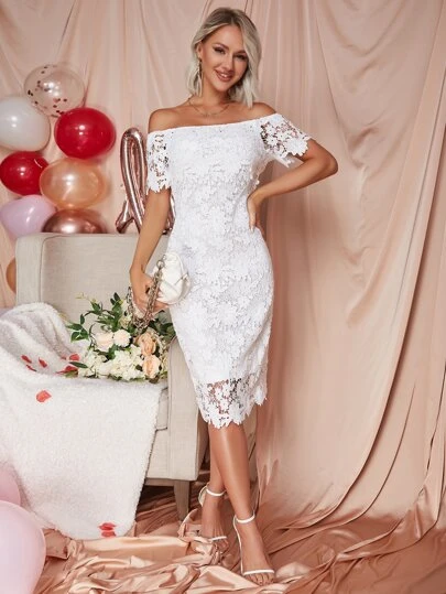 Eilly Bazar Off The Shoulder Guipure Lace Slit Hem Dress