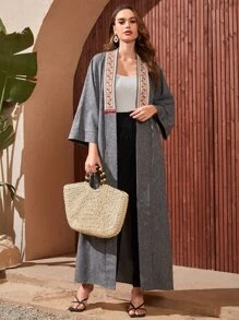 Al Najma Abaya à broderie à franges manches évasées - Gris - Voir 1