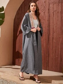 Al Najma Abaya à broderie à franges manches évasées - Gris - Voir 3