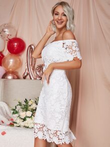 Eilly Bazar Đầm Tương phản ren Nghề thêu Chia Dây kéo màu trơn Hấp dẫn - trắng - Xem 4