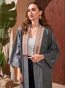 Al Najma Abaya à broderie à franges manches évasées - Gris - Voir 4