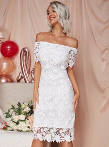 Eilly Bazar Đầm Tương phản ren Nghề thêu Chia Dây kéo màu trơn Hấp dẫn - trắng - Xem 5