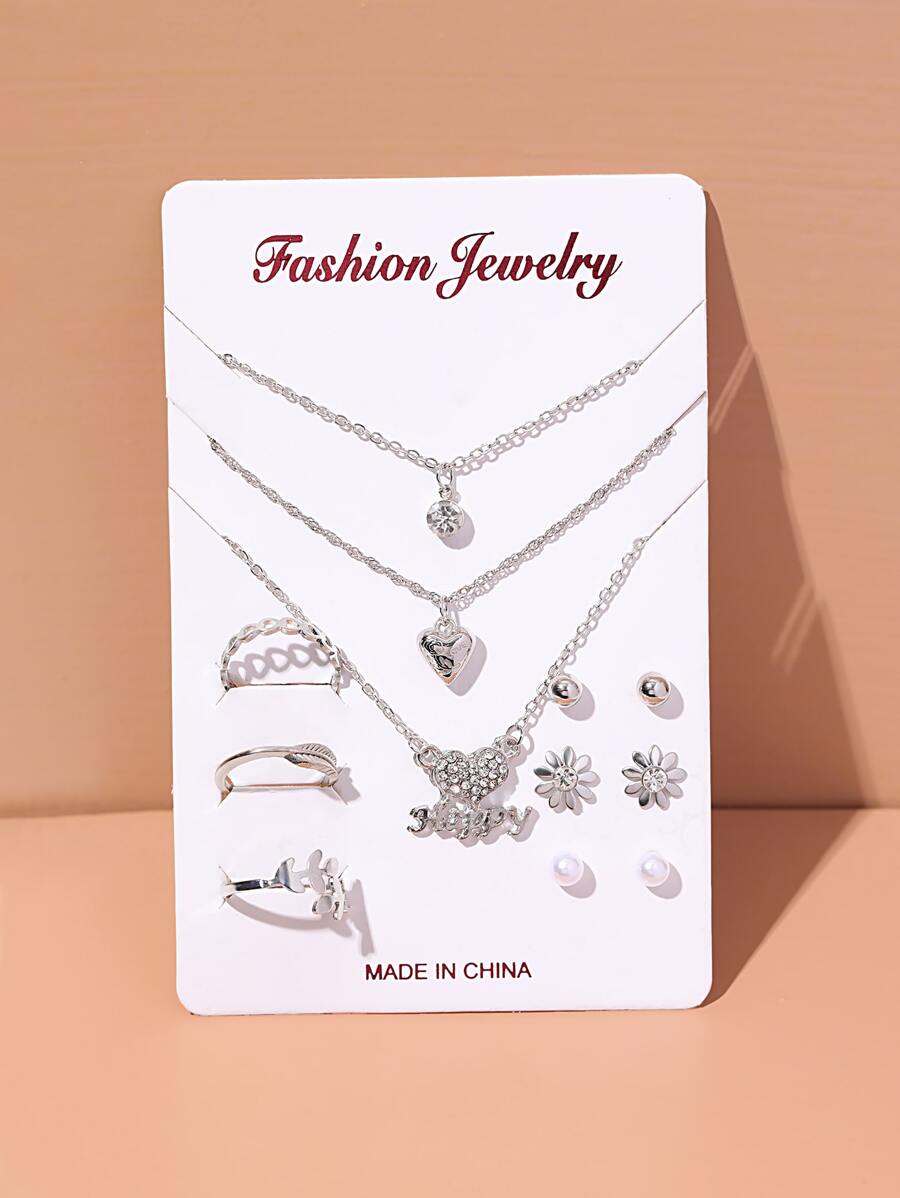 Conjunto De Joyas Decoradas Con 12 Piezas De Pedrería - Plateado - Ver 1