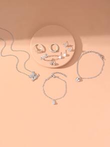 Conjunto De Joyas Decoradas Con 12 Piezas De Pedrería - Plateado - Ver 4