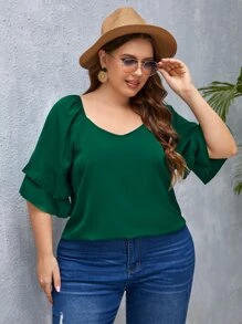 SHEIN Privé 大碼荷葉袖素色襯衫 - 墨綠色 - 查看 1