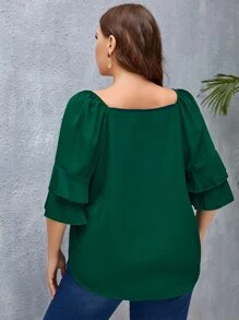 SHEIN Privé 大碼荷葉袖素色襯衫 - 墨綠色 - 查看 2