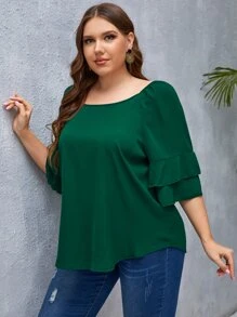 SHEIN Privé 大碼荷葉袖素色襯衫 - 墨綠色 - 查看 4