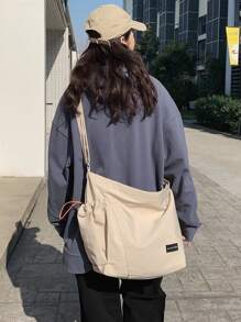 輕便商務休閒簡約抽繩細節尼龍斜背包適合青少年女孩女大學生、菜鳥和白領非常適合辦公室、大學、工作、商務、通勤、戶外、旅行、郊遊 - 米色 - 查看 1