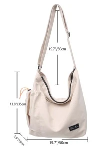 輕便商務休閒簡約抽繩細節尼龍斜背包適合青少年女孩女大學生、菜鳥和白領非常適合辦公室、大學、工作、商務、通勤、戶外、旅行、郊遊 - 米色 - 查看 3