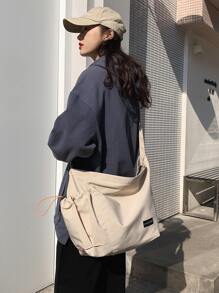 輕便商務休閒簡約抽繩細節尼龍斜背包適合青少年女孩女大學生、菜鳥和白領非常適合辦公室、大學、工作、商務、通勤、戶外、旅行、郊遊 - 米色 - 查看 4