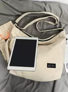 輕便商務休閒簡約抽繩細節尼龍斜背包適合青少年女孩女大學生、菜鳥和白領非常適合辦公室、大學、工作、商務、通勤、戶外、旅行、郊遊 - 米色 - 查看 5