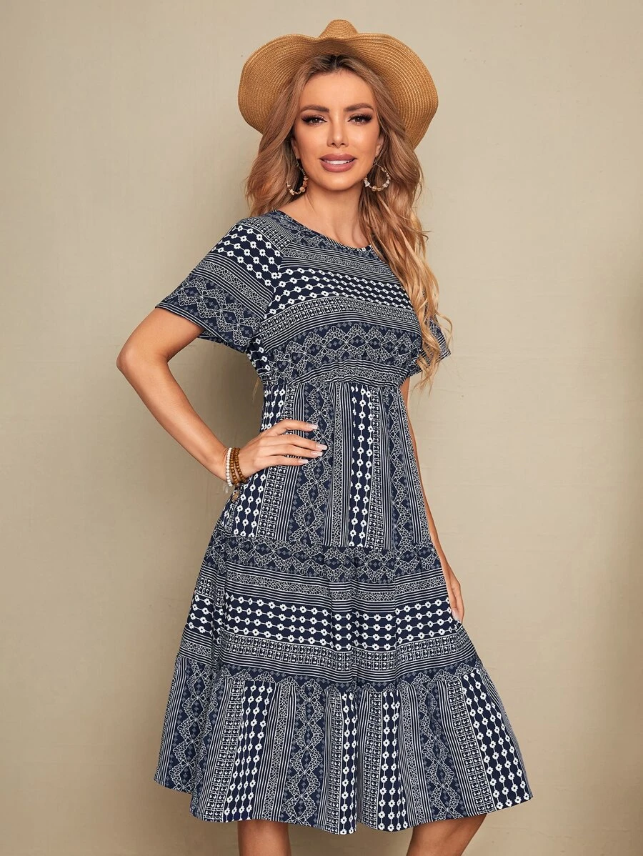 EMERY ROSE Vestido de manga raglán bajo con fruncido floral - Azul y blanco - Ver 1