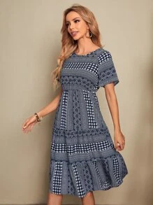 EMERY ROSE Vestido de manga raglán bajo con fruncido floral - Azul y blanco - Ver 3