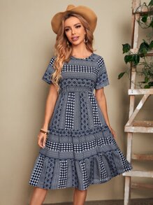 EMERY ROSE Vestido de manga raglán bajo con fruncido floral - Azul y blanco - Ver 5