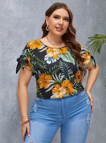 Plus Tropical Print Knot Cuff Blouse - Multicolor - View 3