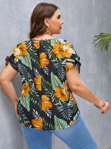 Plus Tropical Print Knot Cuff Blouse - Multicolor - View 2