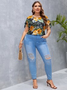 Plus Tropical Print Knot Cuff Blouse - Multicolor - View 4