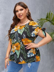 Plus Tropical Print Knot Cuff Blouse - Multicolor - View 5